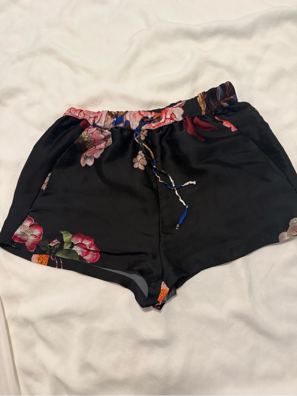 Zara Black Floral Satin Drawstring Shorts